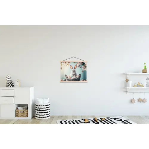 Konijn - Eieren - Mand textielposter latten blank klein -kinderkamer