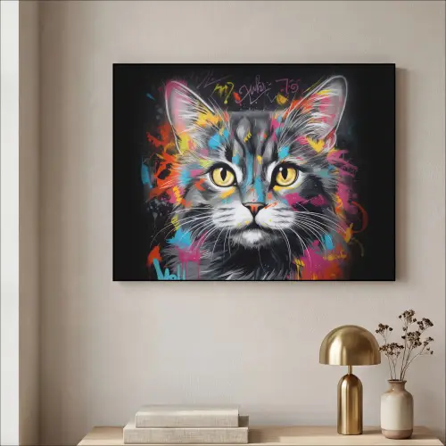 Kat - Graffiti - Dieren - Kleuren - Grijs Textielframe zwart klein -sfeer2