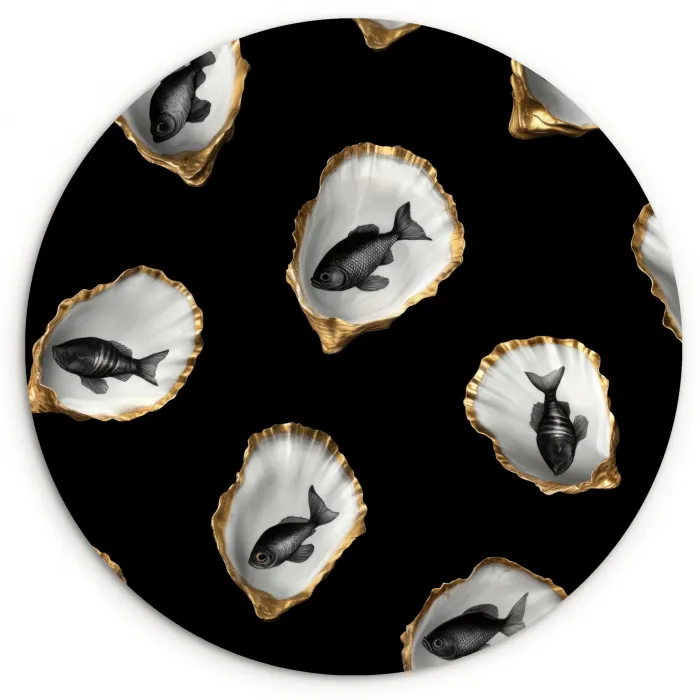 Oesters - Zwart - Vissen - Goud Wandcirkel kunststof plaat 5mm dik klein -3d