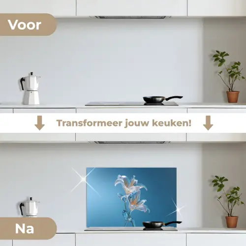 Lelies - Blauw - Glazen keuken achterwand spatscherm klein -voor_na_NL