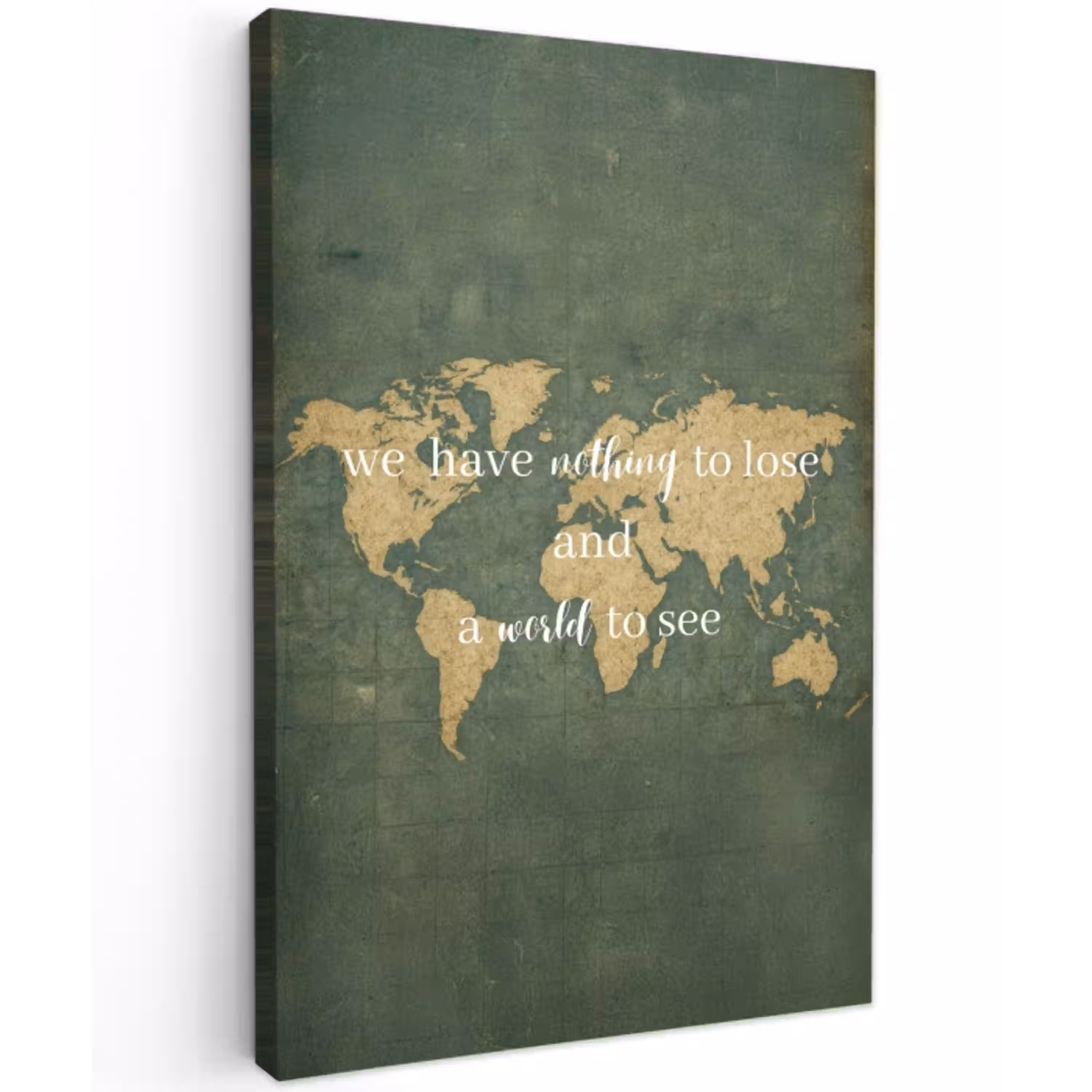 Quote - Vintage - Wereldkaart - Oud Tuinposter op houten frame 2 cm dik middel -3d