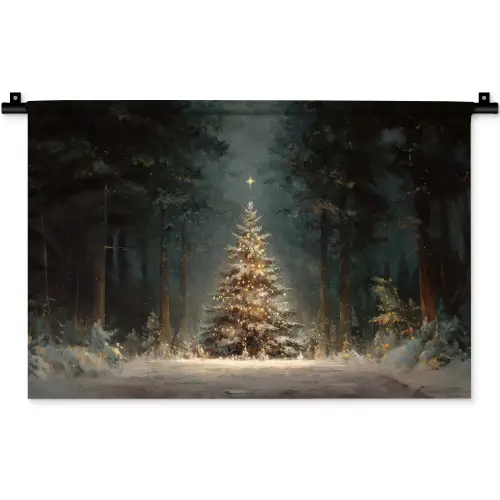 Kerstboom - Bos - Sneeuw - meerkleurig Wandkleed katoen klein -zz3d