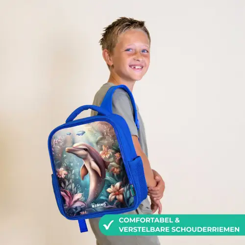 Dolfijn en vissen in onderwater bloemenwereld Kinderrugzak - Blauw middel -sfeer3_NL