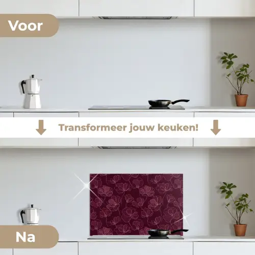 Bloemen - Patroon - Bordeauxrood keuken achterwand spatscherm klein 900 -voor_na_NL
