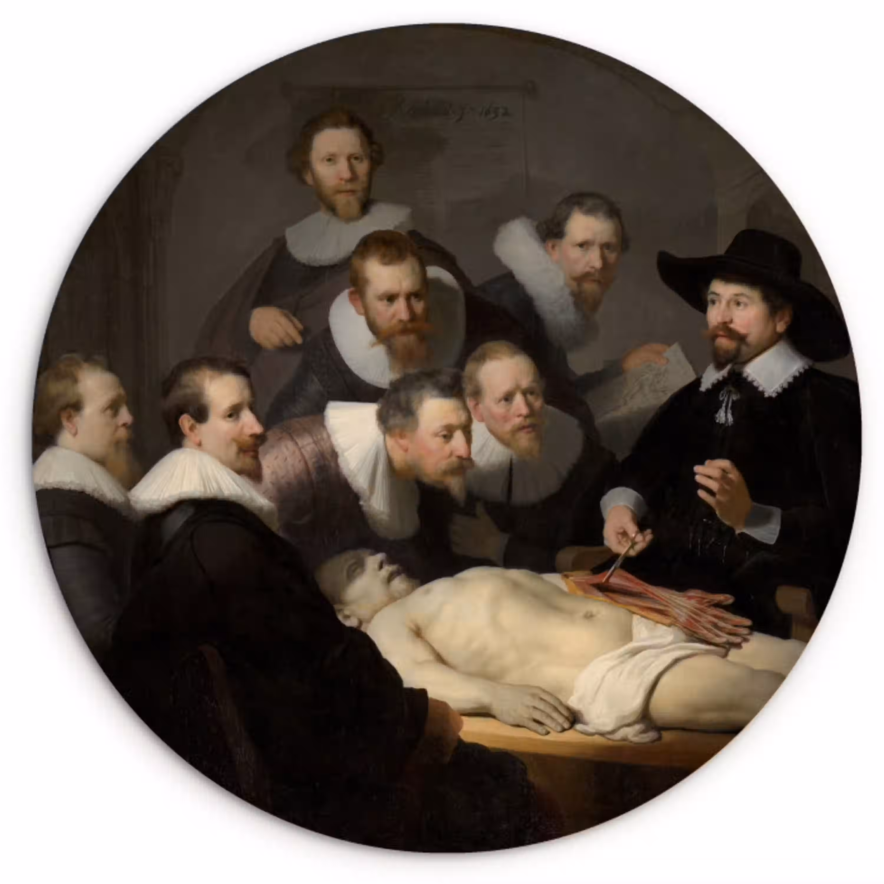 De anatomische les van Dr. Nicolaes Tulp - Schilderij van Rembrandt van Rijn Wandcirkel kunststof plaat 5mm dik klein -3d