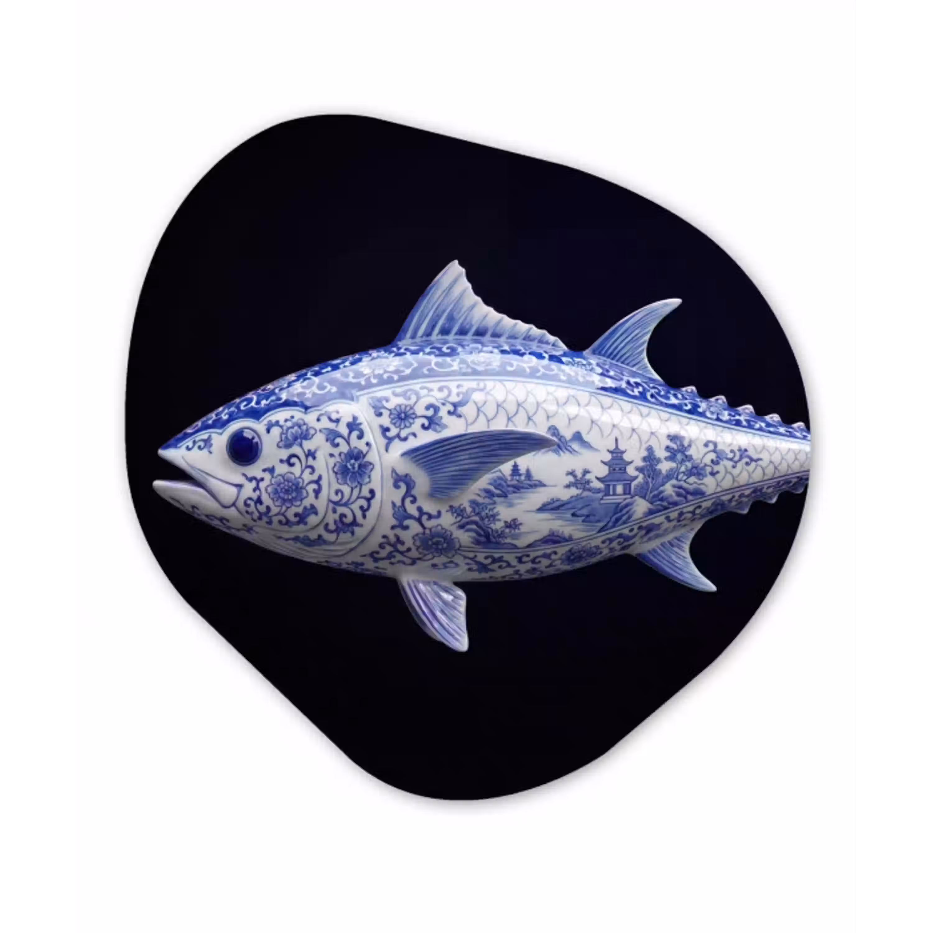 Porselein - Tonijn - Delfts - Blauw Wandcirkel Organisch Aluminium middel -3d