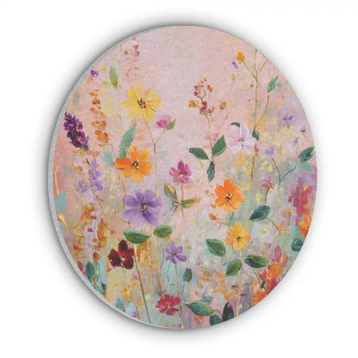 Schilderij - Bloemen - Abstract - Kleurrijk Akoestische PET Vilt - Rond klein -3d