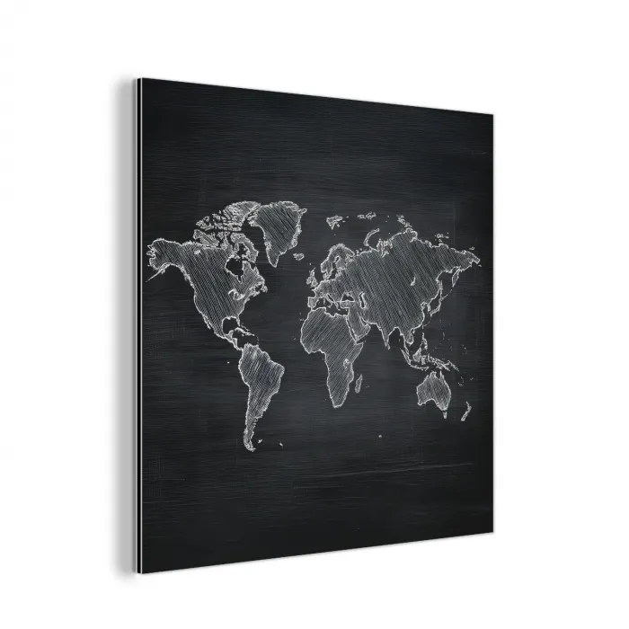 Wereldkaart - Krijt - Zwart - minimalistisch aluminium wit klein -3d