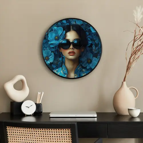 Vrouw - Bloemen - Blauw - Aesthetic - Luxe Fotolijst rond zonder passe partout klein -sfeer1