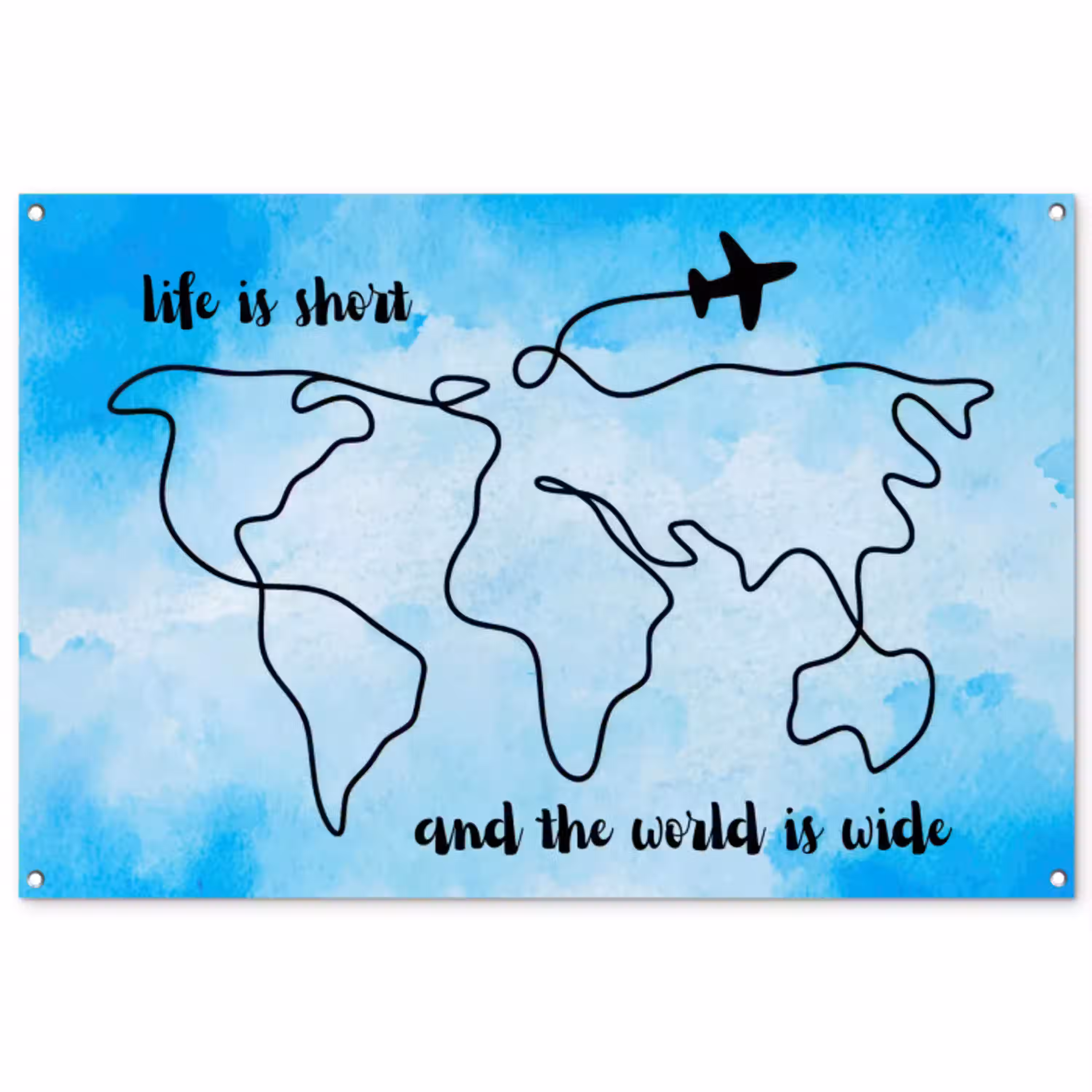 Blauw - Quote - Wereldkaart tuinposter los doek groot -3d