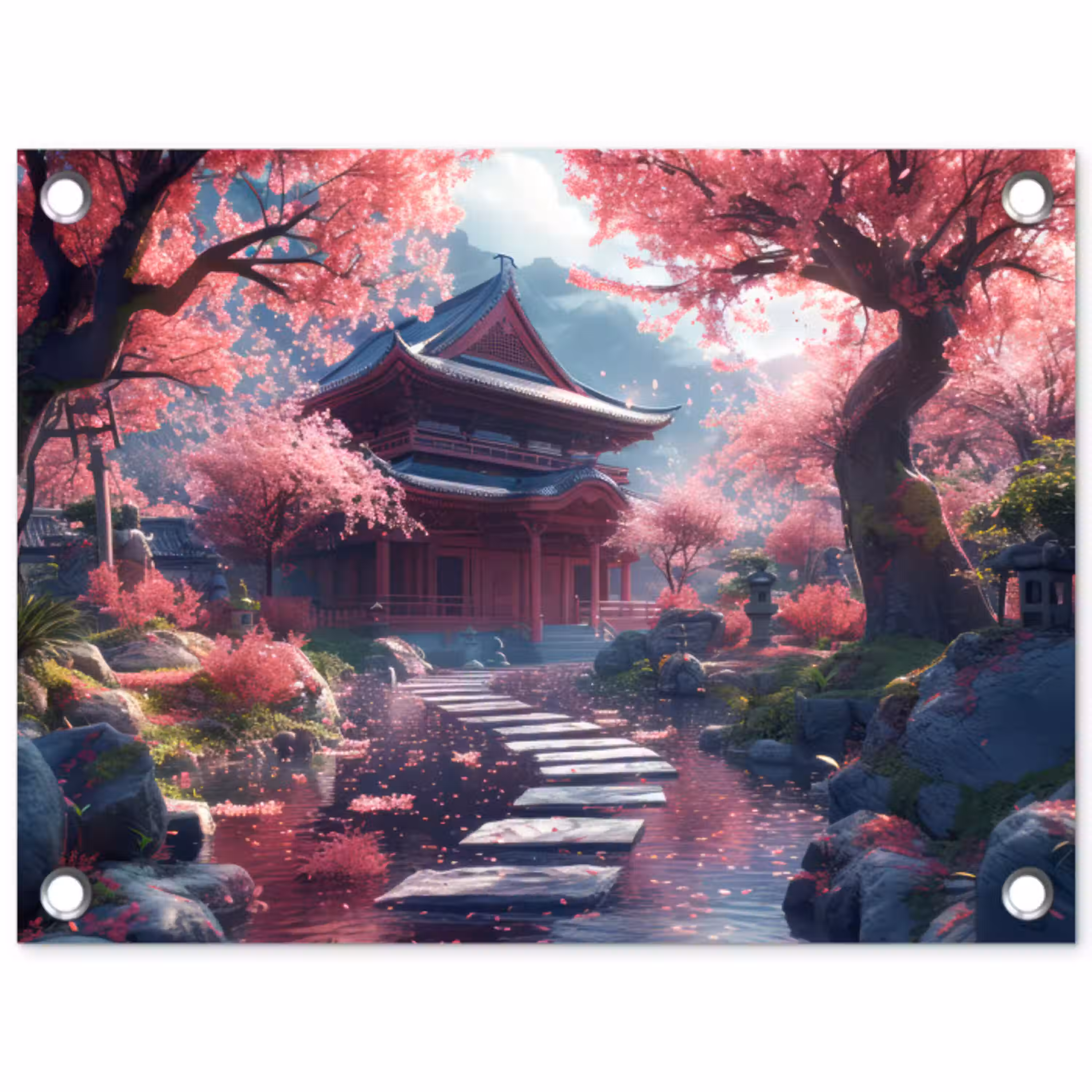 Sakura Tempeltuin in Volle Bloei tuinposter los doek klein -3d