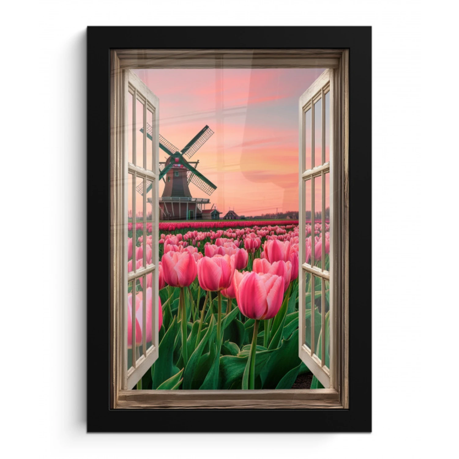 Doorkijk - Tulpen - Bloemen - Molen - Raam fotolijst zwart zonder passe partout klein -3d