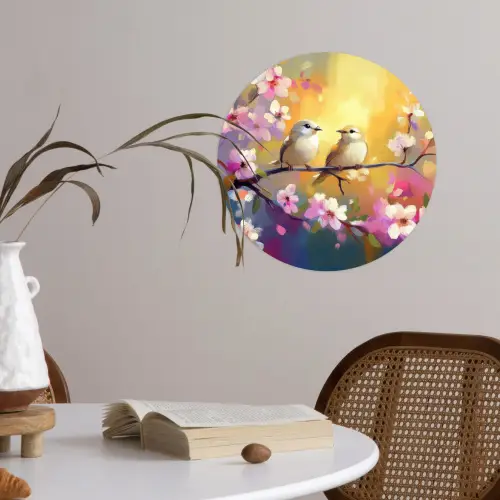 Vogels - Bloemen - Roze Wandcirkel behangsticker klein -sfeer3