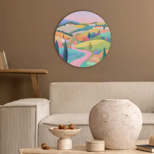 Landschap - Paars - Pastel - Huizen Akoestische PET Vilt - Rond klein -sfeer1
