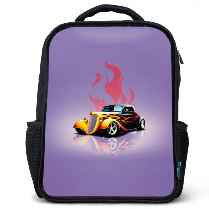 Gele auto met roze vlammen Rugzak - Zwart middel -3d