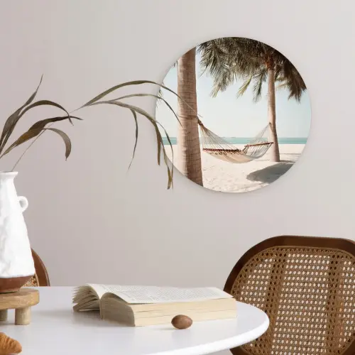 Hangmat - Palmbomen - Strand - Zee Wandcirkel kunststof plaat 5mm dik klein -sfeer4
