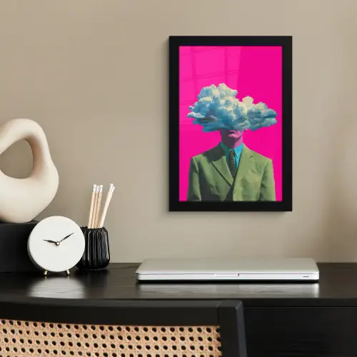 Man - Pak - Wolk - Roze fotolijst zwart zonder passe partout klein -sfeer1
