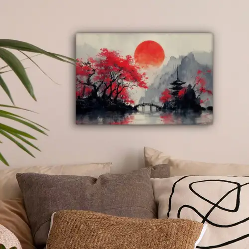 Rode zon - Rivier - brug - Bomen canvas 2cm klein -sfeer1