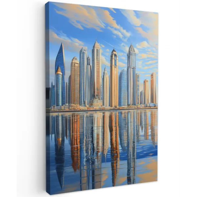 Skyline - Wolkenkrabbers - Water - Blauw Tuinposter op houten frame 2 cm dik klein -3d