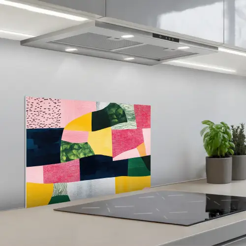 Abstract - Roze - Lappen - Vormen - Geel keuken achterwand spatscherm klein -3d_schuin