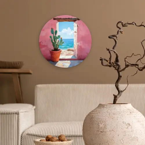 Zee - Roze - Cactus Wandcirkel plexiglas klein -sfeer1