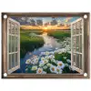 Doorkijk - Landschap - Raam - Water - Zonsondergang tuinposter los doek klein -3d