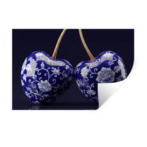 Porselein- Kersen - Delfts - Blauw Muursticker klein -3d
