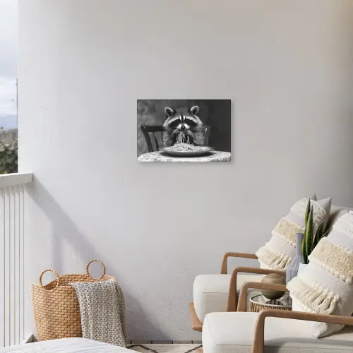 Wasbeer - Cute - Pasta - Tafelkleed - Zwart - Wit Tuinposter op houten frame 2 cm dik klein -sfeer1