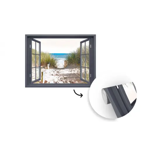 Doorkijk - Strand - Zee - Zand - Water - Helmgras - Duinen fotobehang vinyl groot -3d