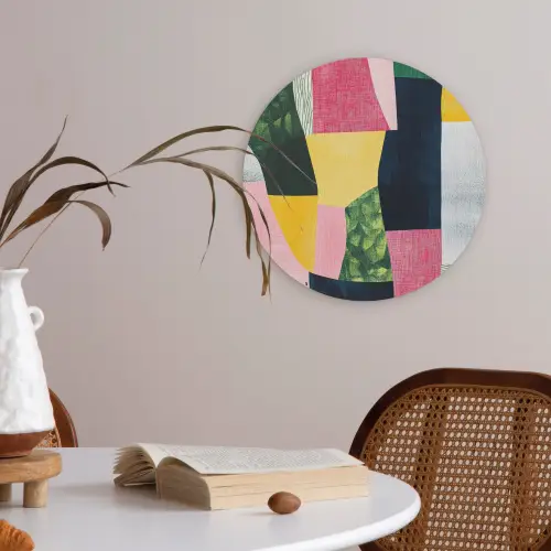 Abstract - Roze - Lappen - Vormen - Geel Akoestische PET Vilt - Rond klein -sfeer3