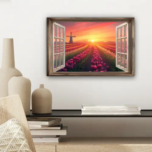 Doorkijk - Tulpen - Zonsondergang - Bloemen - Kleurrijk canvas 2cm klein -sfeer6