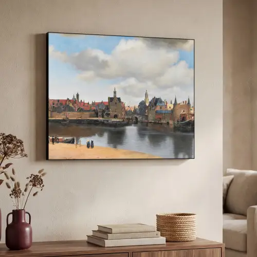 Vermeer - Stad - Oude meesters - Kunst Textielframe zwart klein -sfeer3