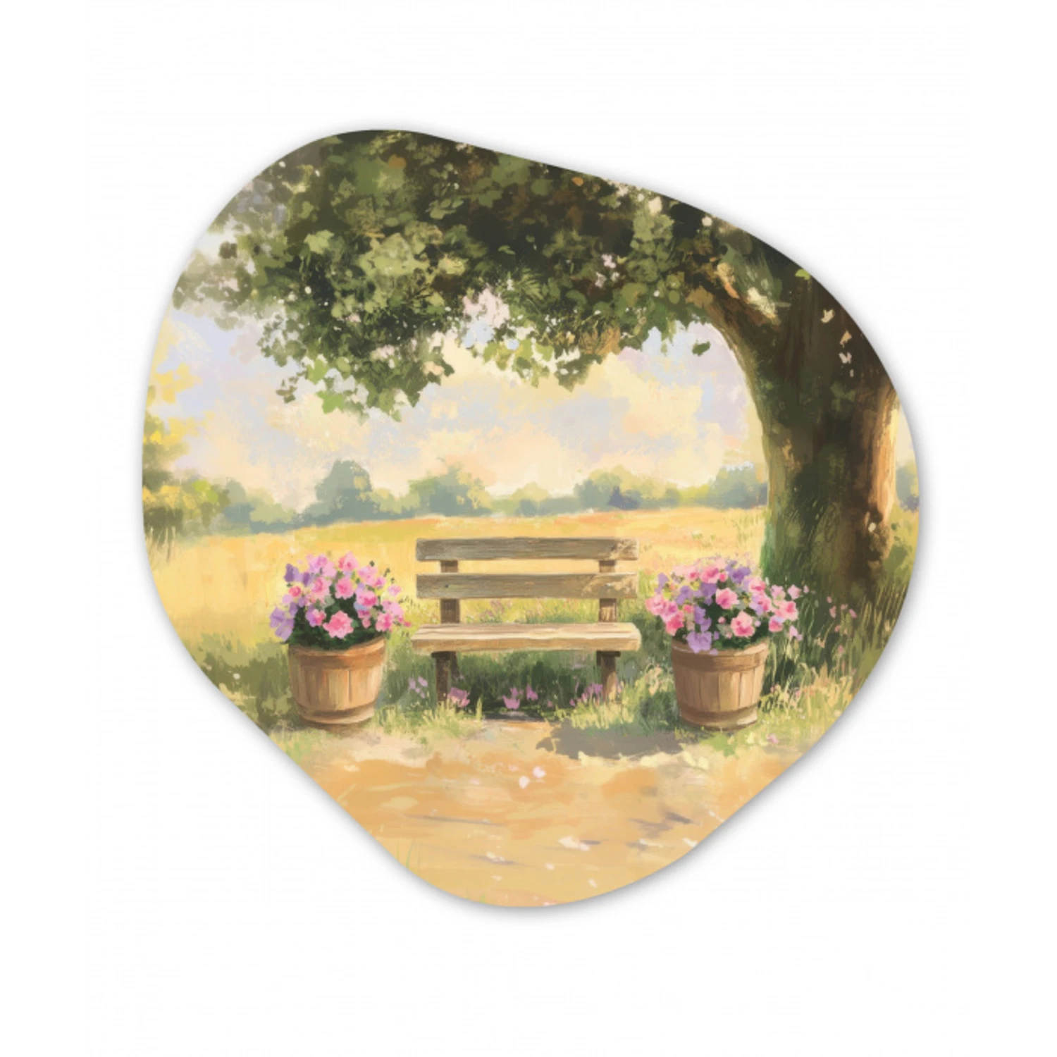 Houten bankje - Bloempotten - Landschap Wandcirkel Organisch Forex 3mm klein -3d