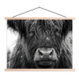 Schotse hooglander - Zwart - Wit - Sneeuwvlokken textielposter latten blank klein -3d
