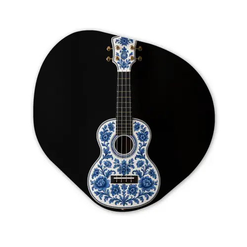 Ukelele - Delfts - Blauw - Muziek Wandcirkel Organisch Aluminium middel -3d