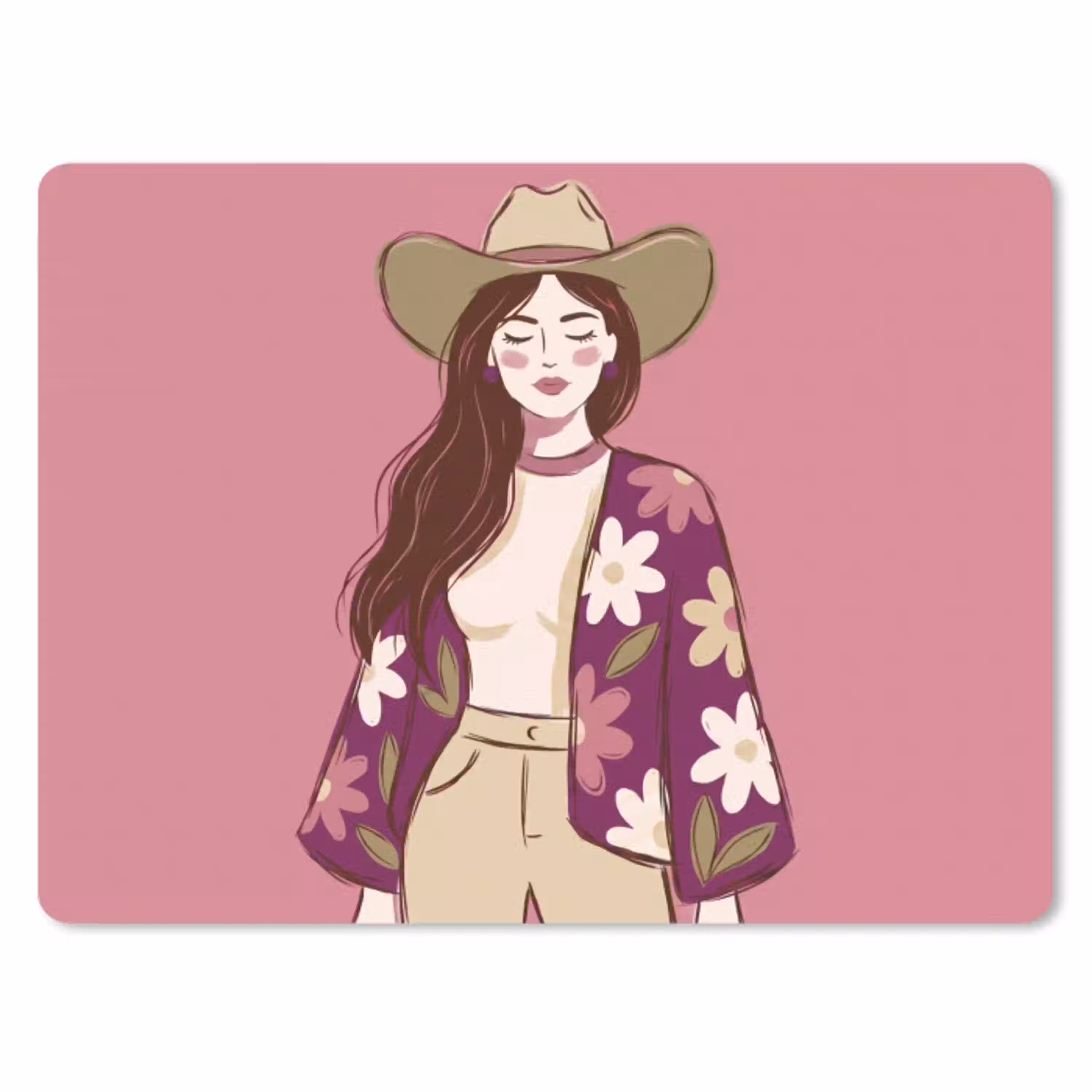 Vrouw - Hoed - Portret - Illustratie - Roze muismat rubber klein -3d