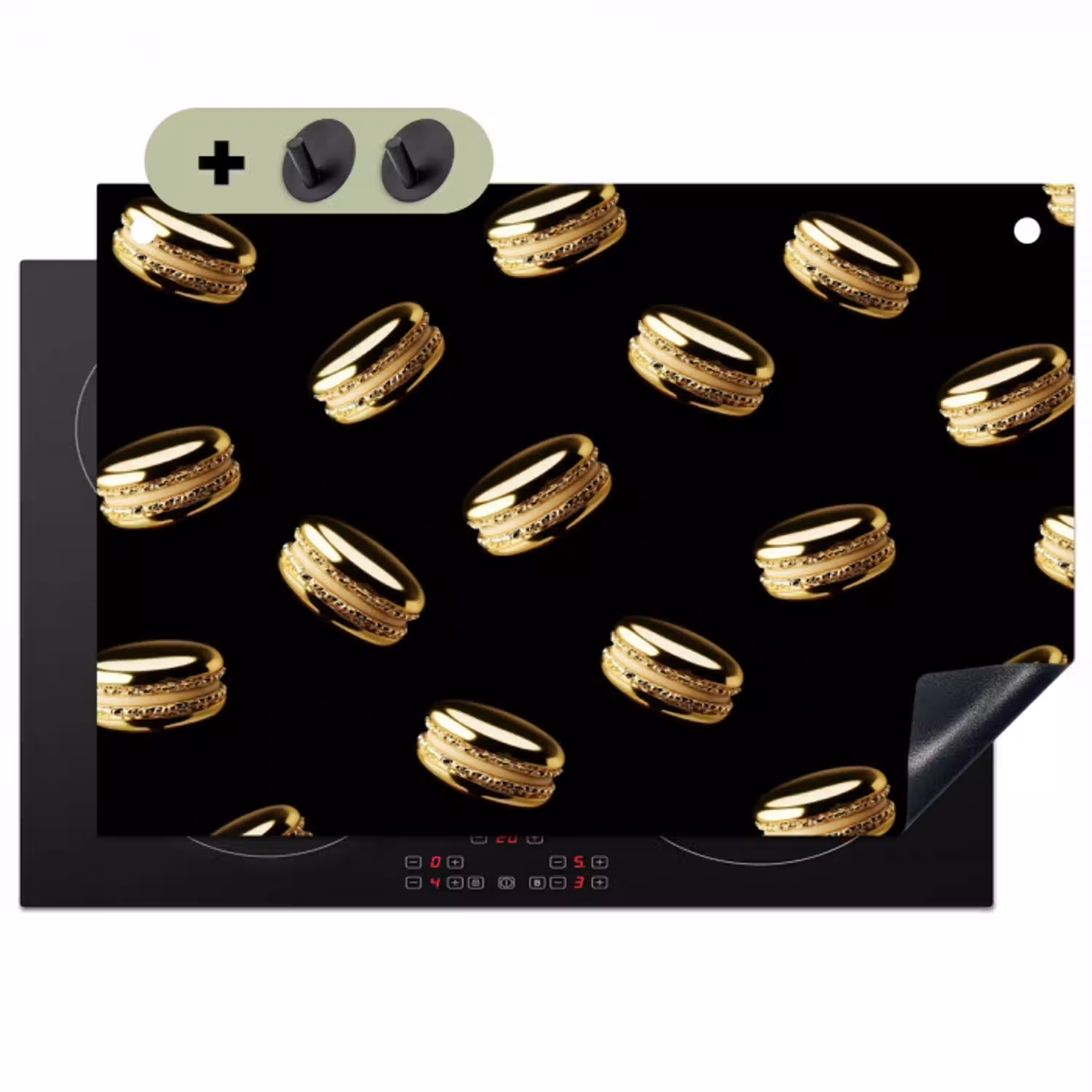 Macarons - Patroon - Goud - Zwart Inductie beschemer met haakjes klein -3d