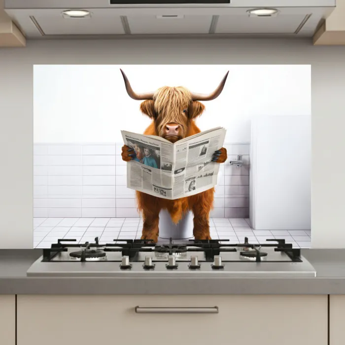 Schotse hooglander - Krant - Toilet - WC - Wit - Koe keuken achterwand spatscherm klein -3d_website