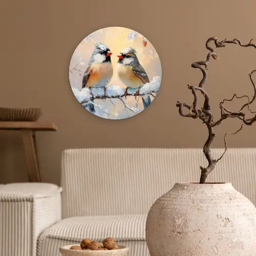 Vogels - Tak - Winter - Sneeuw Wandcirkel kunststof plaat 5mm dik klein -sfeer1
