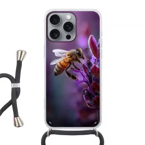 Honingbij - Paarse bloemen - Details Hoesje iPhone 16 Pro Max met koord klein -3d
