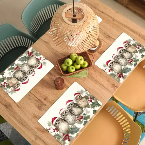 Uilen - Tak - Hulstblaadjes - Kerstmuts Placemat vinyl groot -zzsfeer5_Kitchenyeah-website