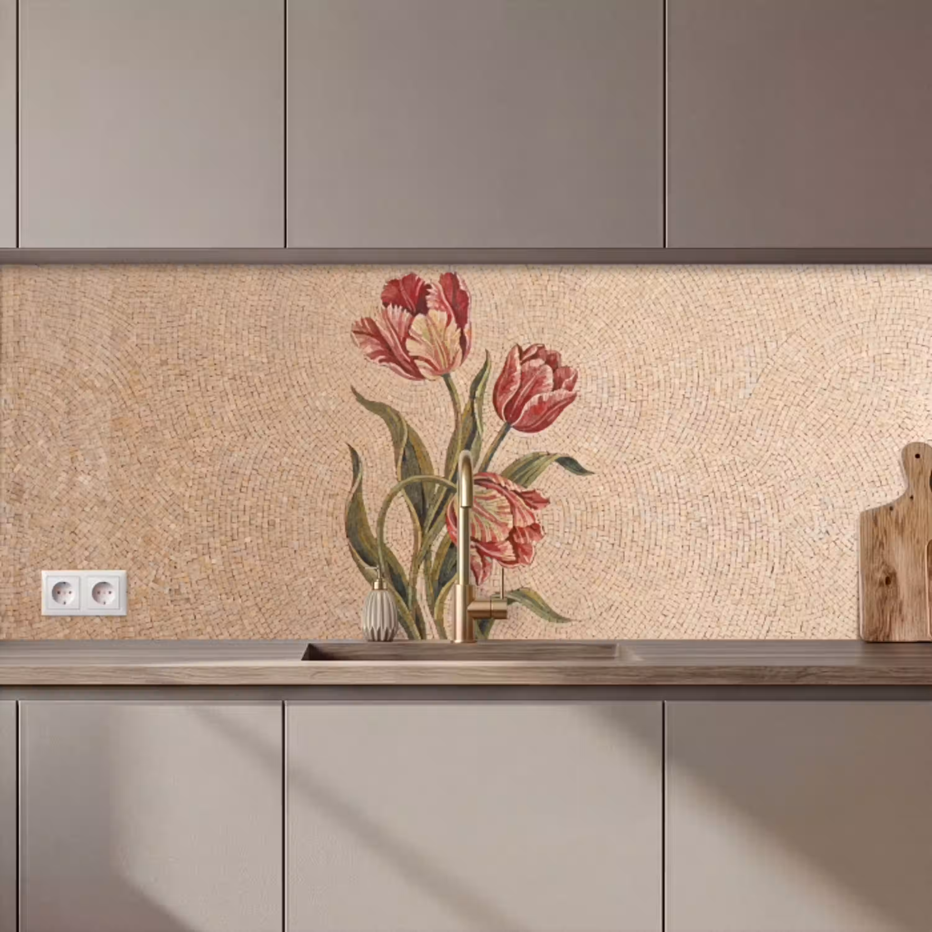 Bloemen - Mozaïek - Rood - Groen - Kunst keuken achterwand 2 middel zz_3dshopping
