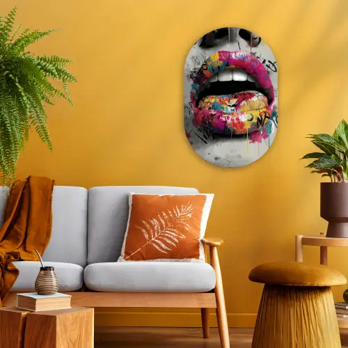 Lippen - Graffiti - Expressief Wandcirkel Ovaal Forex klein -sfeer4