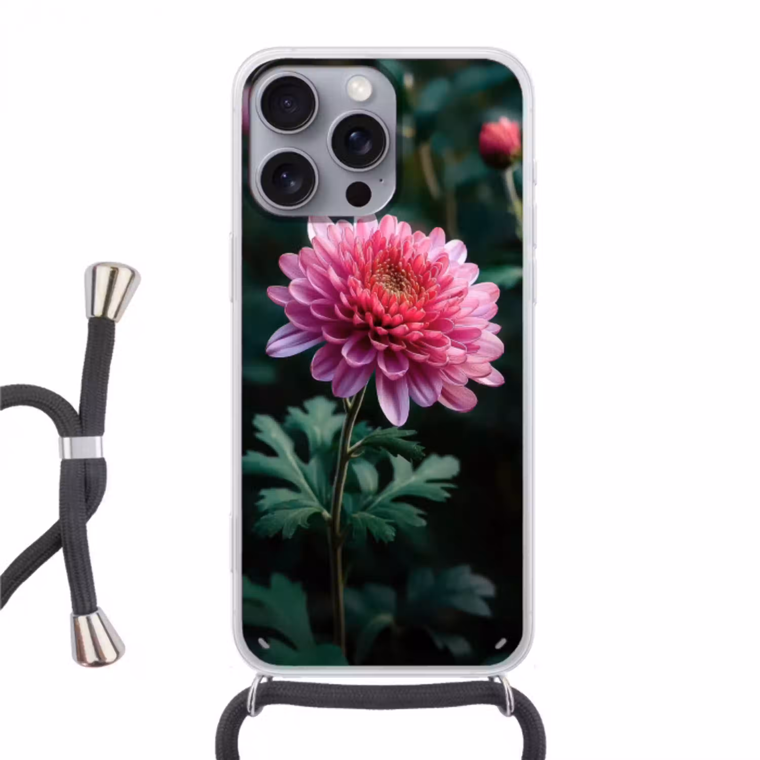 Blad - Chrysant - Roze - Schaduw Hoesje iPhone 16 Pro Max met koord klein -3d