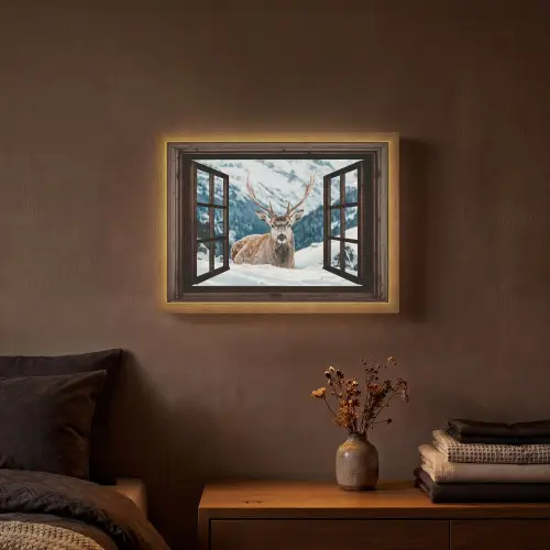 Hert - Landschap - Winter - Natuur - Dieren - Doorkijk - Bergen Light Box met batterij (Wandlamp) middel -sfeer4