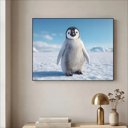 Pinguïn - Sneeuw - Landschap - Wit Textielframe zwart klein -sfeer2