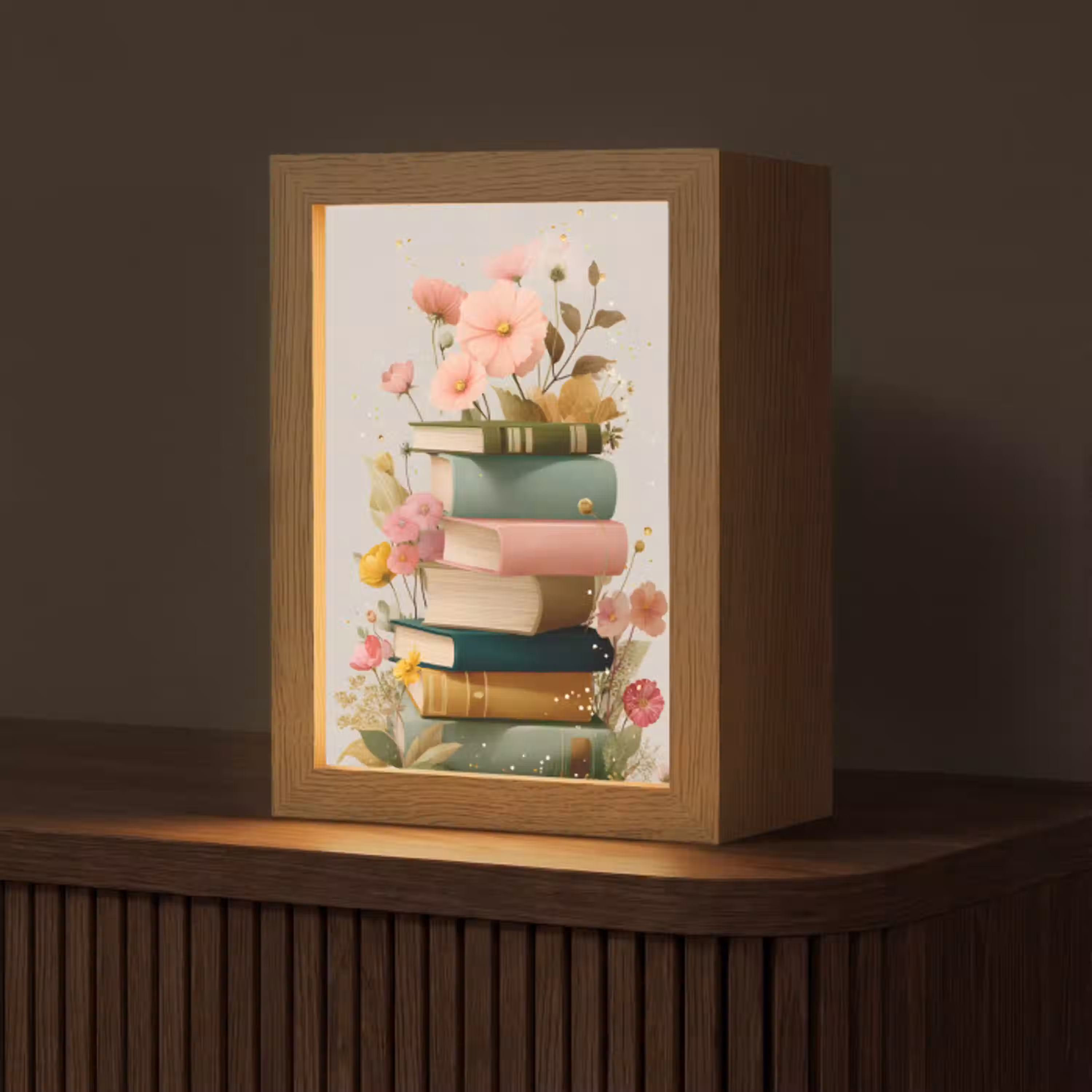 Boeken - Stapel - Bloemen - Kleurrijk Light Box met kabel (Tafellamp) klein -z3d_website