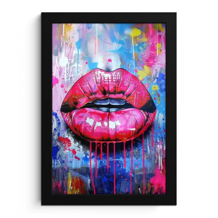 Graffiti - Lippen - Felroze - Geschilderd fotolijst zwart zonder passe partout klein -3d
