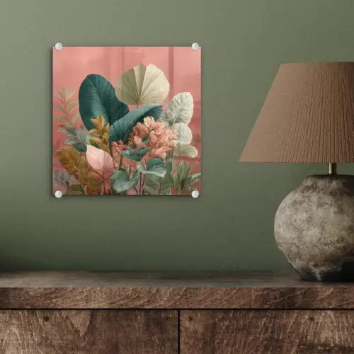 Tropische bladeren - Bloemen - Roze - groen plexiglas 5mm klein -sfeer3