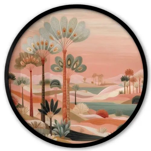 Roze landschap - Palmen - Water Fotolijst rond zonder passe partout klein -3d